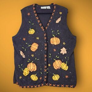 VTG Basic Editions FALL Knit Sweater Vest EMBROIDERED Pumpkins & Leaves SIZE 1X